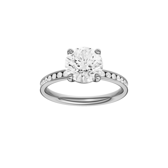 A front view of the Round cut diamond engagement ring in 14k white gold with a diamond channel band and cathedral setting