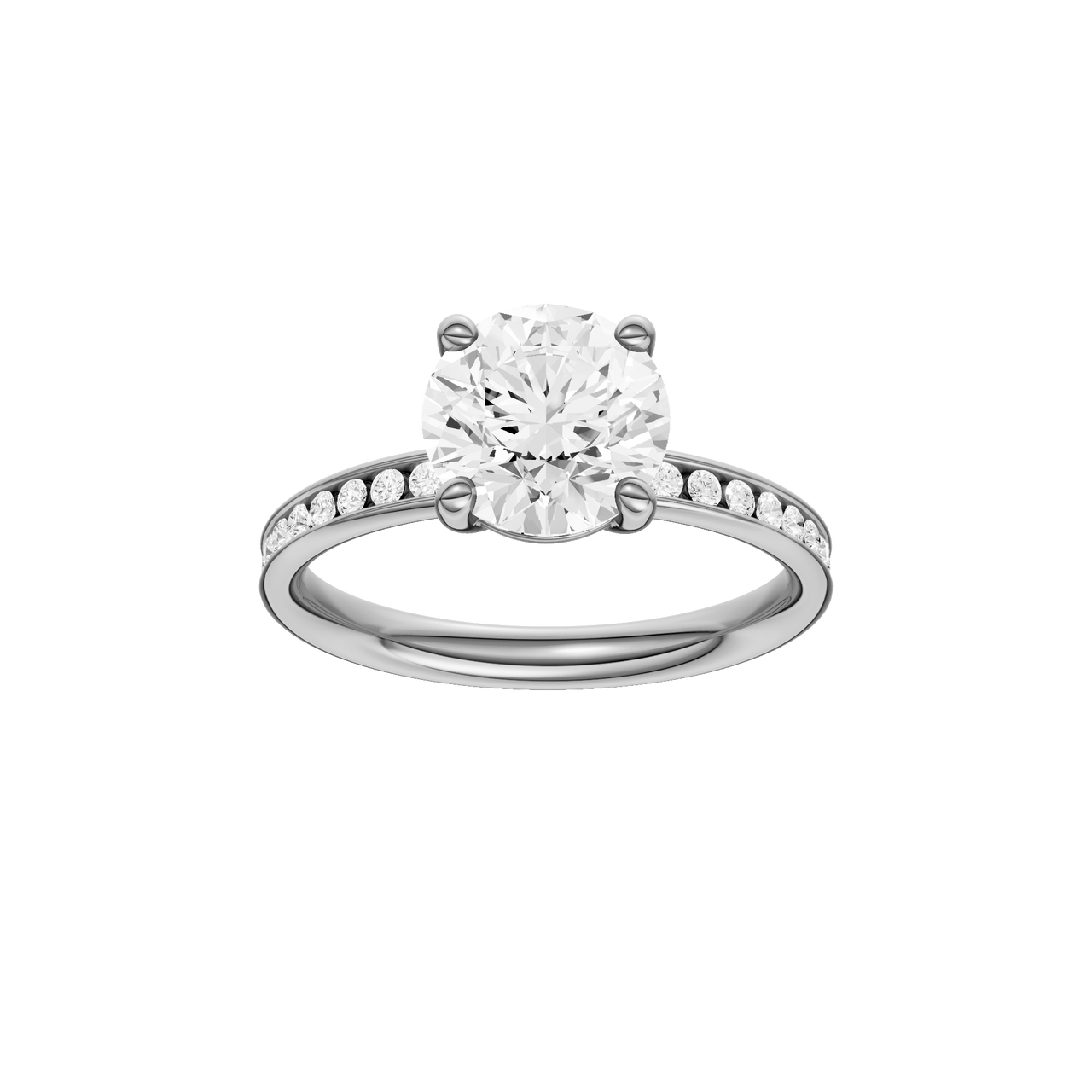 A front view of the Round cut diamond engagement ring in 14k white gold with a diamond channel band and cathedral setting