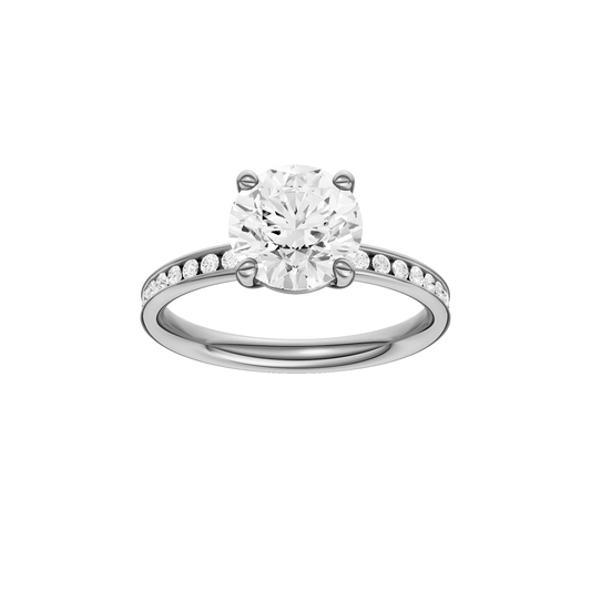 A front view of the Round cut diamond engagement ring in 14k white gold with a diamond channel band and cathedral setting