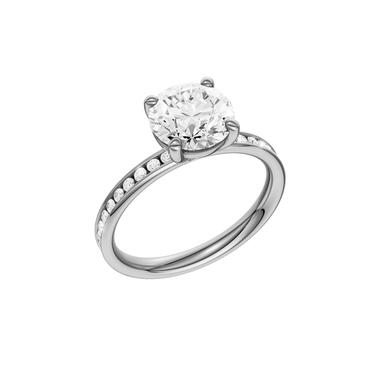 A three-quarter view of the Round cut diamond engagement ring in 14k white gold with a diamond channel band and cathedral setting