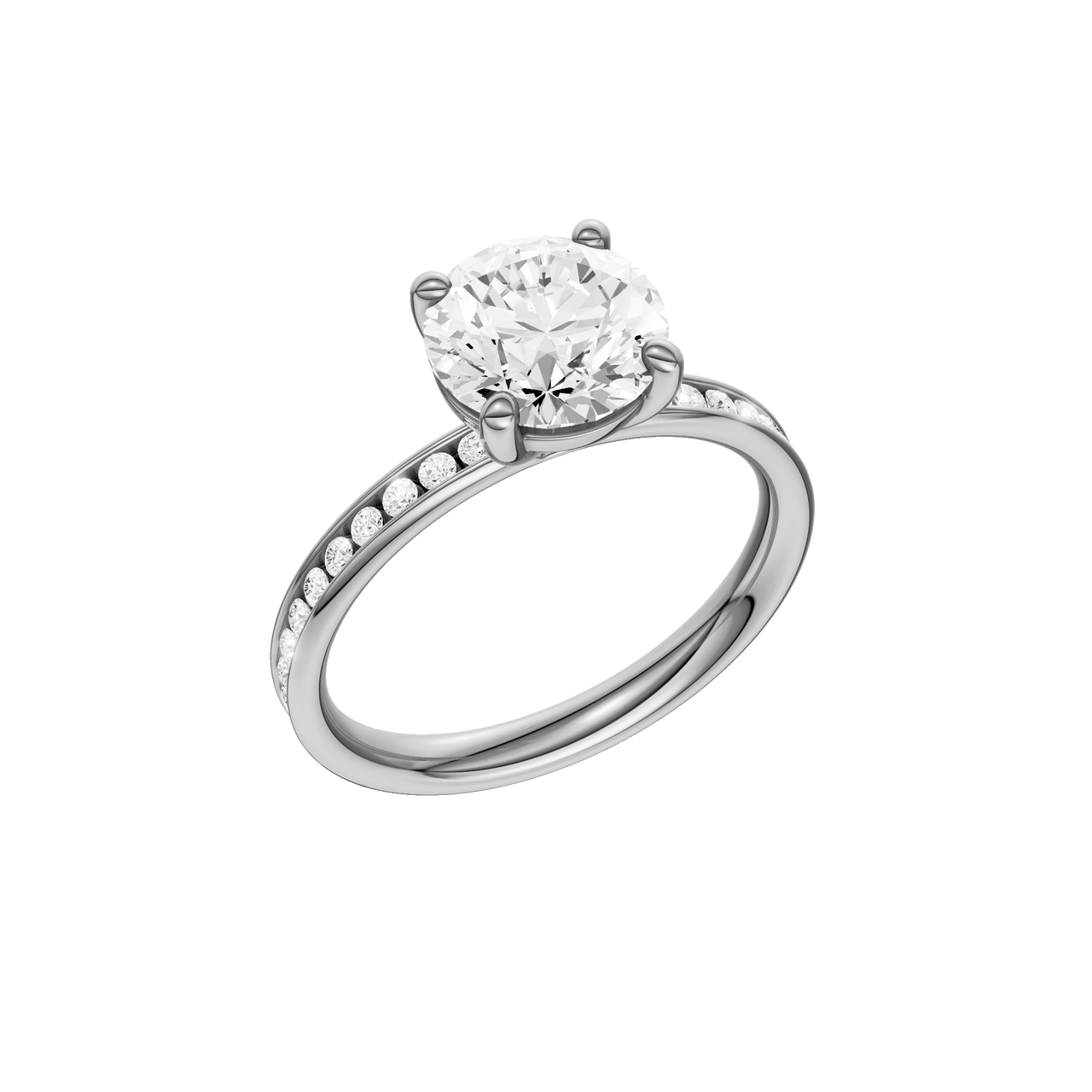 A three-quarter view of the Round cut diamond engagement ring in 14k white gold with a diamond channel band and cathedral setting