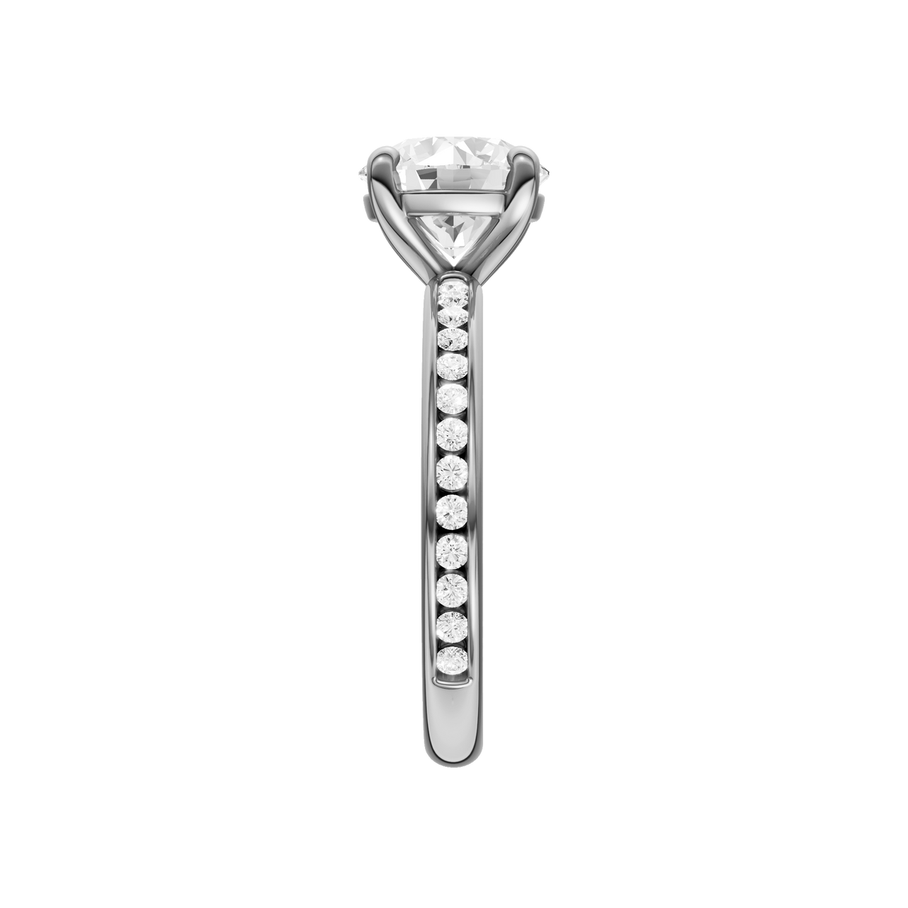 A side view of the Round cut diamond engagement ring in 14k white gold with a diamond channel band and cathedral setting