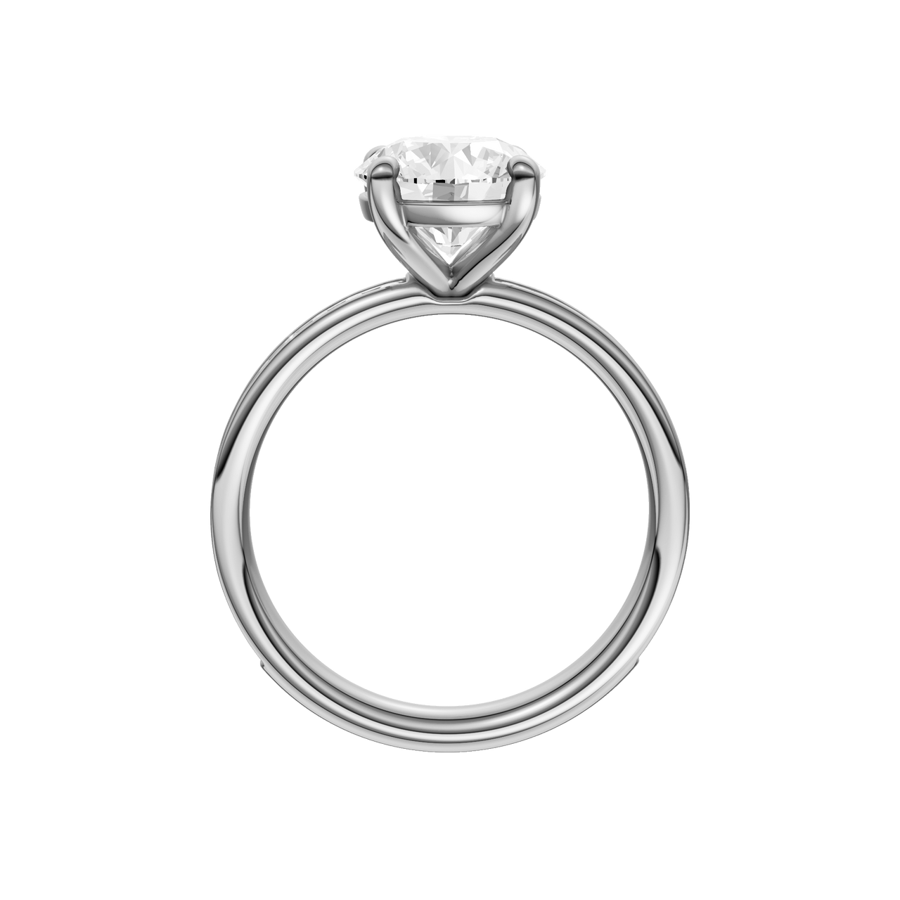 A profile view of the Round cut diamond engagement ring in platinum with a diamond channel band and cathedral setting