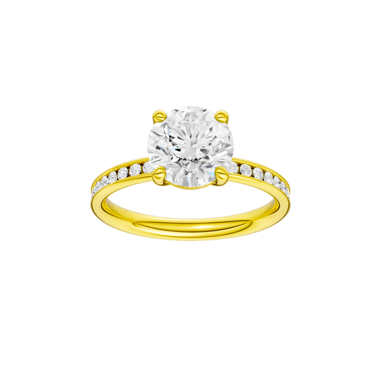 A front view of the Round cut diamond engagement ring in 14k yellow gold with a diamond channel band and cathedral setting