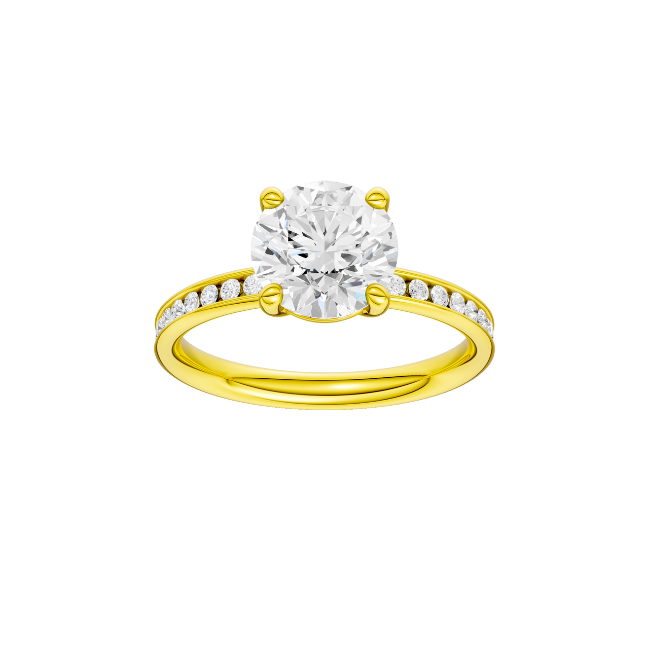 A front view of the Round cut diamond engagement ring in 14k yellow gold with a diamond channel band and cathedral setting