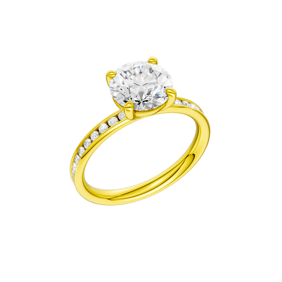 A three-quarter view of the Round cut diamond engagement ring in 14k yellow gold with a diamond channel band and cathedral setting