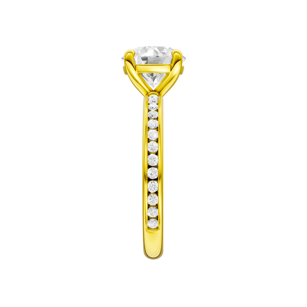 A side view of the Round cut diamond engagement ring in 14k yellow gold with a diamond channel band and cathedral setting