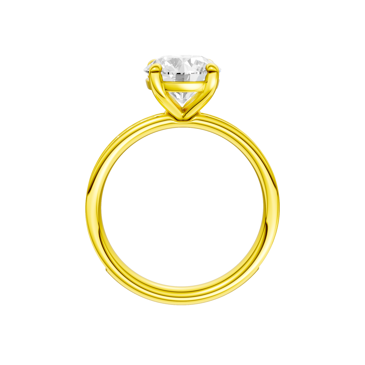 A profile view of the Round cut diamond engagement ring in 14k yellow gold with a diamond channel band and cathedral setting