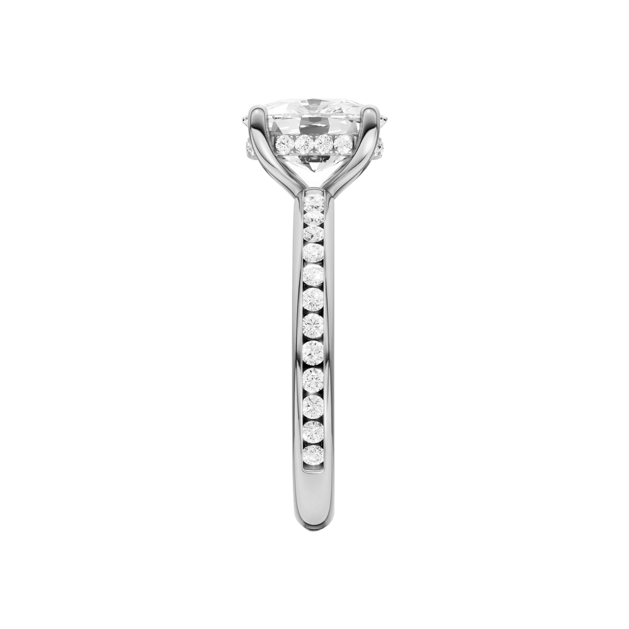A side view of the Elongated Cushion cut diamond engagement ring in 14k white gold with a channel band and hidden halo setting