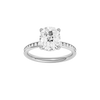 A front view of the Elongated Cushion cut diamond engagement ring in platinum with a channel band and hidden halo setting