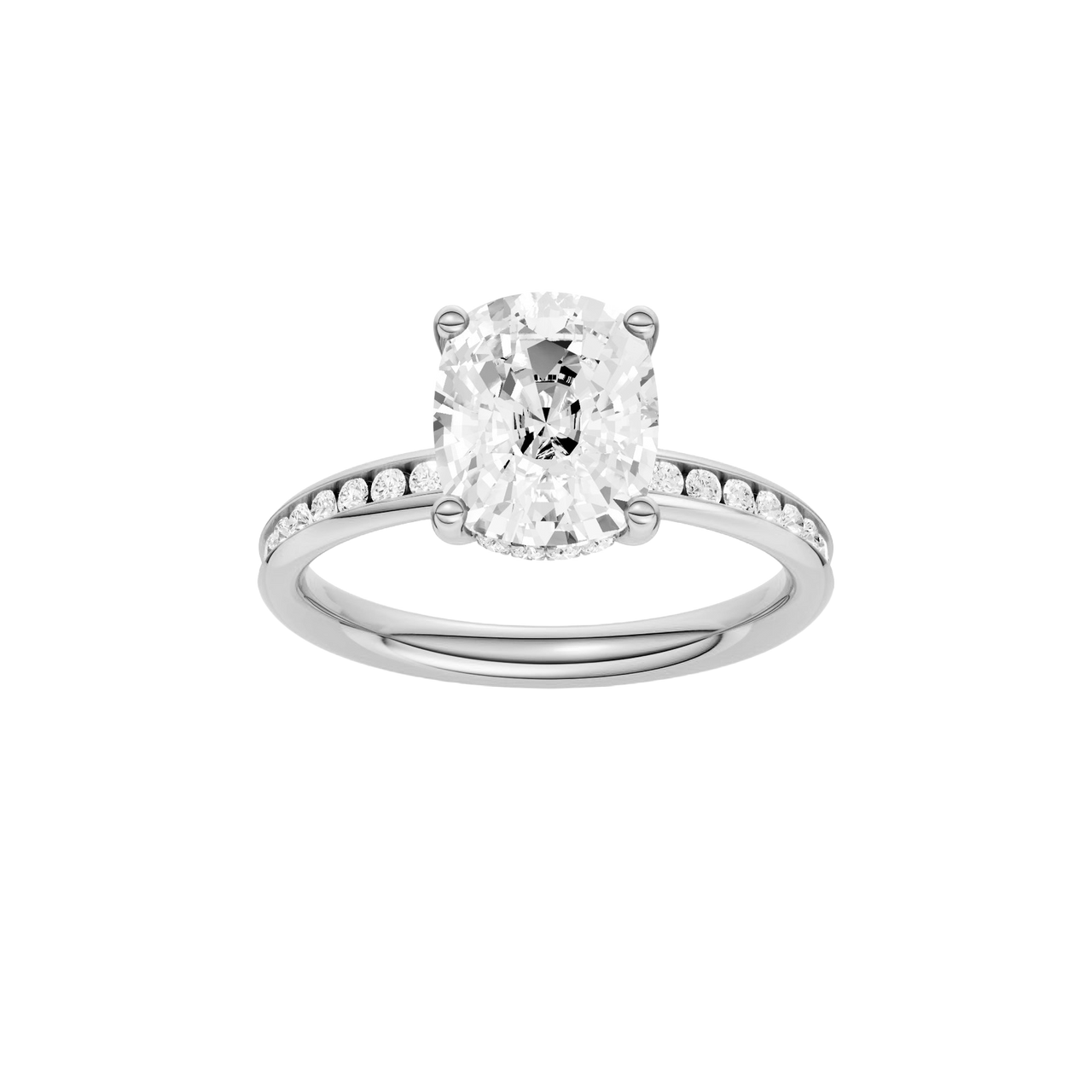 A front view of the Elongated Cushion cut diamond engagement ring in 14k white gold with a channel band and hidden halo setting