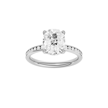 A front view of the Elongated Cushion cut diamond engagement ring in 14k white gold with a channel band and hidden halo setting