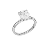 A three-quarter view of the Elongated Cushion cut diamond engagement ring in platinum with a channel band and hidden halo setting