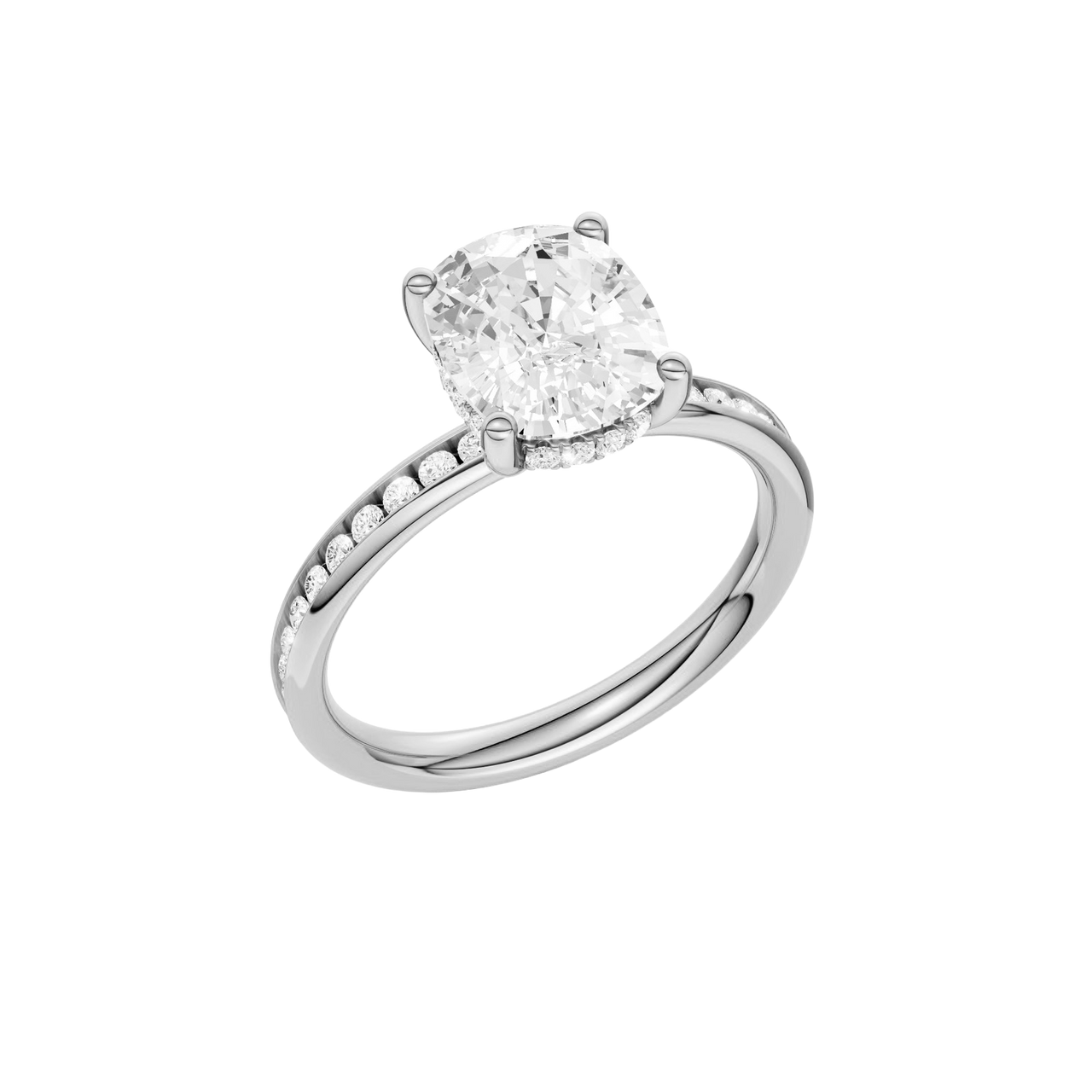 A three-quarter view of the Elongated Cushion cut diamond engagement ring in platinum with a channel band and hidden halo setting