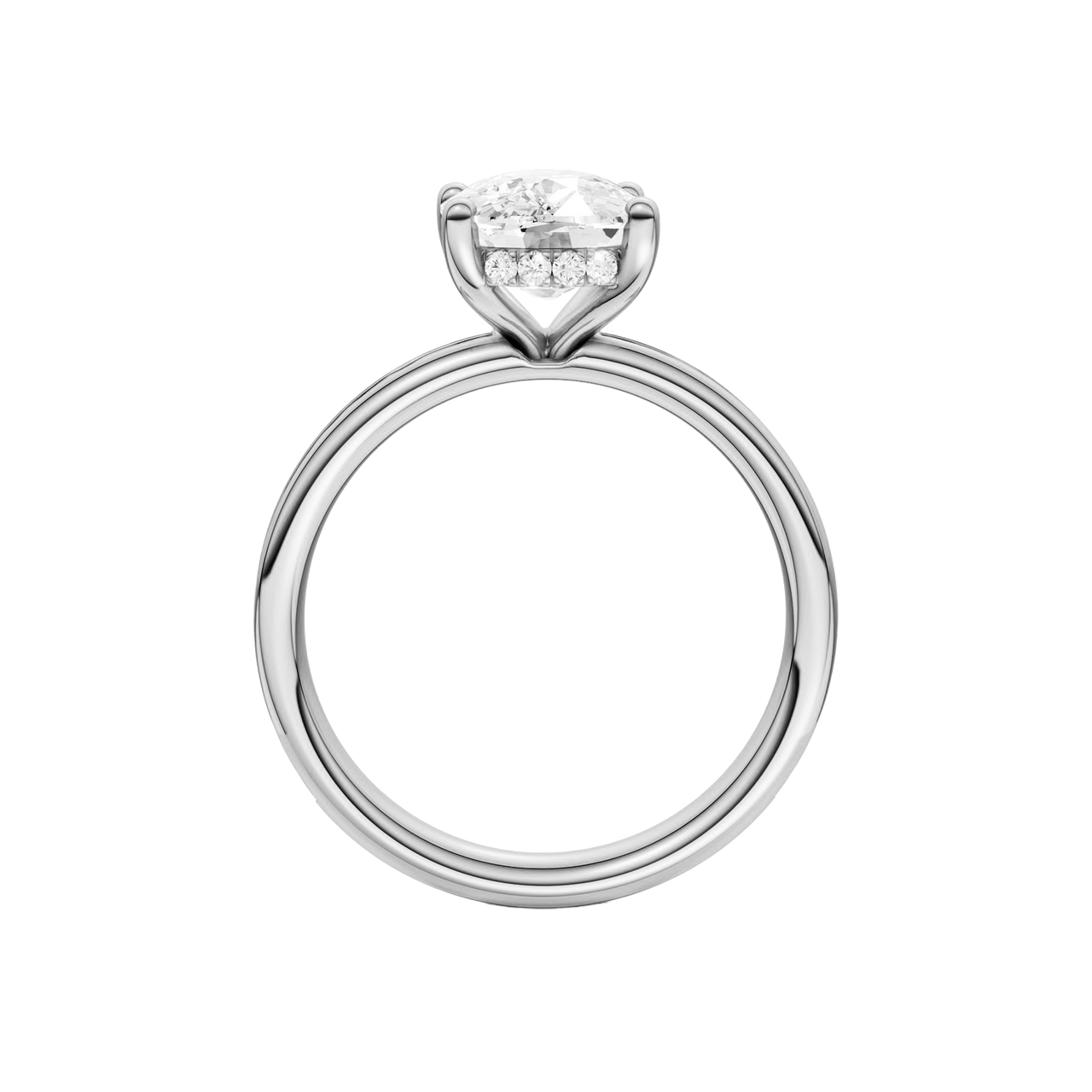 A profile view of the Elongated Cushion cut diamond engagement ring in 14k white gold with a channel band and hidden halo setting