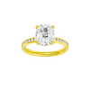 A front view of the Elongated Cushion cut diamond engagement ring in 14k yellow gold with a channel band and hidden halo setting