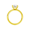 A profile view of the Elongated Cushion cut diamond engagement ring in 14k yellow gold with a channel band and hidden halo setting