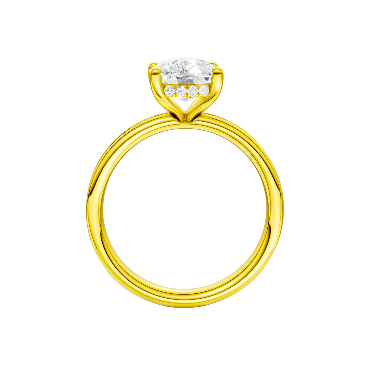 A profile view of the Elongated Cushion cut diamond engagement ring in 14k yellow gold with a channel band and hidden halo setting