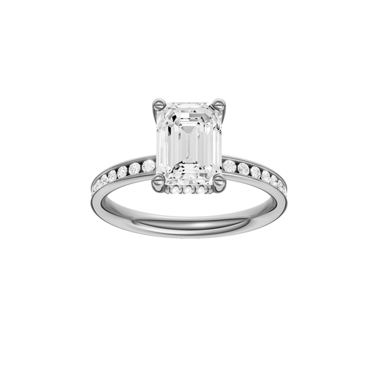A front view of the Emerald cut diamond engagement ring in platinum with a diamond channel band and cathedral setting