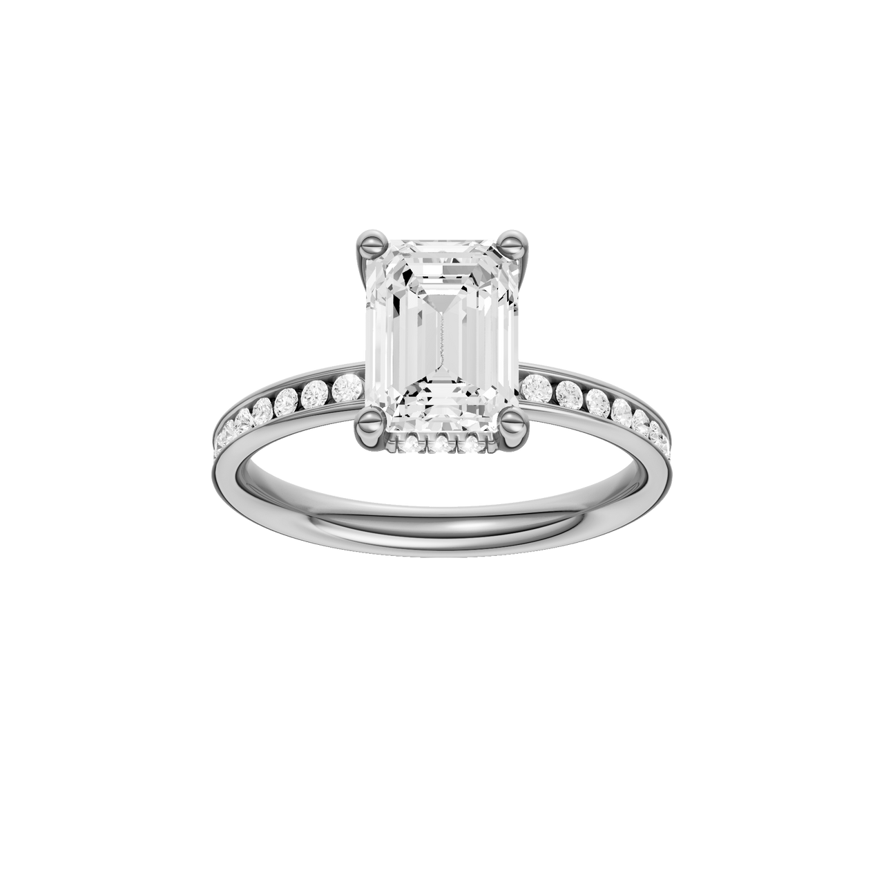 A front view of the Emerald cut diamond engagement ring in 14k white gold with a diamond channel band and cathedral setting