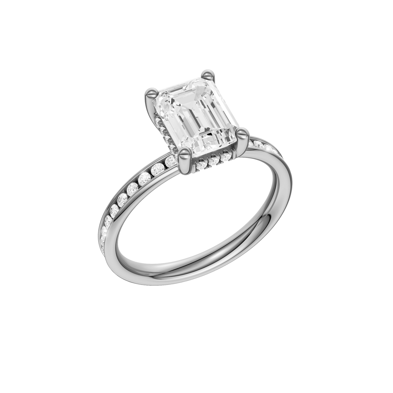A three-quarter view of the Emerald cut diamond engagement ring in 14k white gold with a diamond channel band and cathedral setting