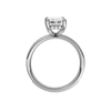 A profile view of the Emerald cut diamond engagement ring in platinum with a diamond channel band and cathedral setting