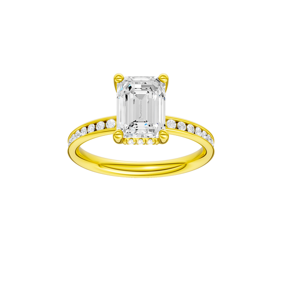 A front view of the Emerald cut diamond engagement ring in 14k yellow gold with a diamond channel band and cathedral setting
