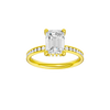 A front view of the Emerald cut diamond engagement ring in 14k yellow gold with a diamond channel band and cathedral setting