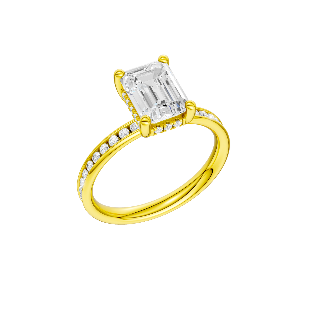 A three-quarter view of the Emerald cut diamond engagement ring in 14k yellow gold with a diamond channel band and cathedral setting