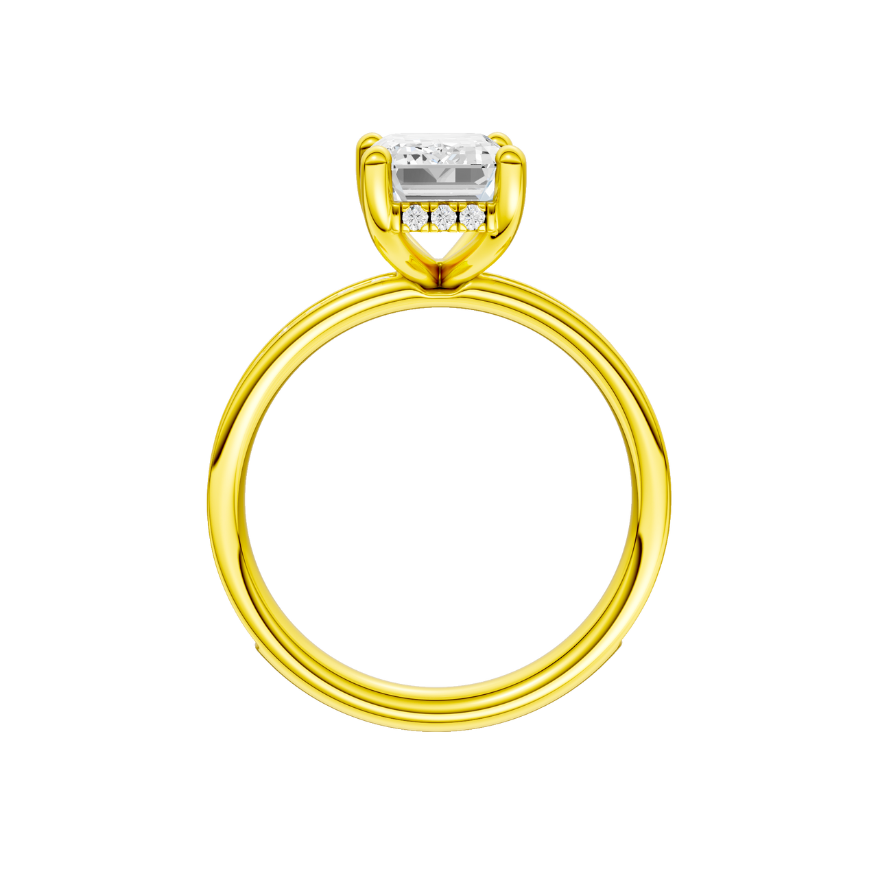 A profile view of the Emerald cut diamond engagement ring in 14k yellow gold with a diamond channel band and cathedral setting