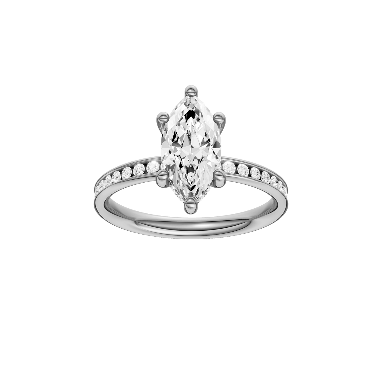 A front view of the Marquise cut diamond engagement ring in 14k white gold with a diamond channel band and cathedral setting