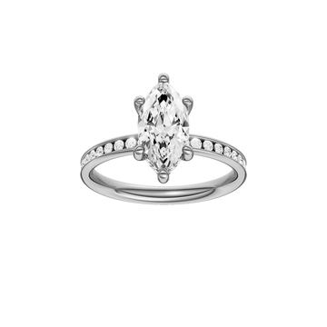 A front view of the Marquise cut diamond engagement ring in 14k white gold with a diamond channel band and cathedral setting
