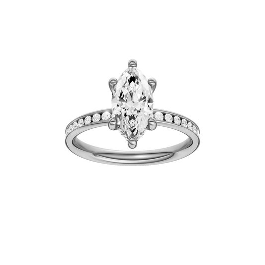 A front view of the Marquise cut diamond engagement ring in 14k white gold with a diamond channel band and cathedral setting