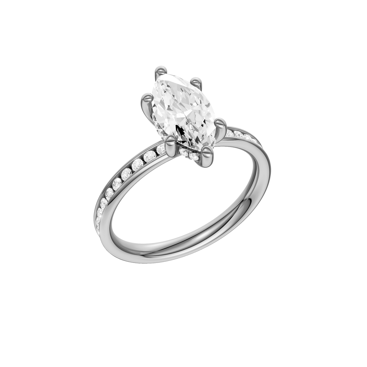A three-quarter view of the Marquise cut diamond engagement ring in 14k white gold with a diamond channel band and cathedral setting