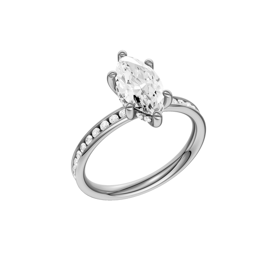 A three-quarter view of the Marquise cut diamond engagement ring in platinum with a diamond channel band and cathedral setting