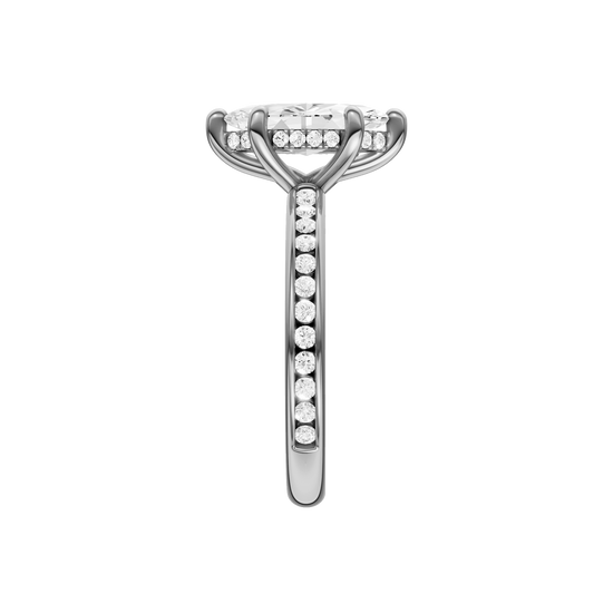 A side view of the Marquise cut diamond engagement ring in 14k white gold with a diamond channel band and cathedral setting