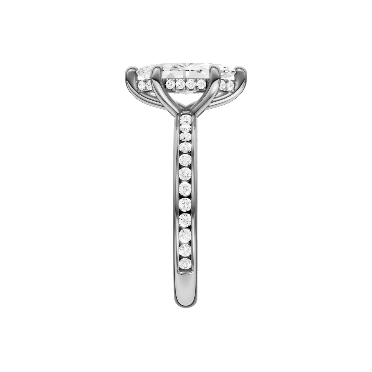 A side view of the Marquise cut diamond engagement ring in platinum with a diamond channel band and cathedral setting