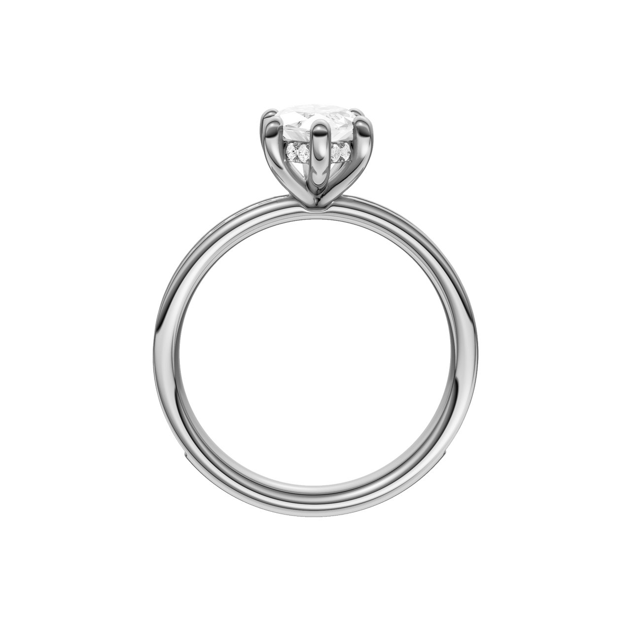 A profile view of the Marquise cut diamond engagement ring in platinum with a diamond channel band and cathedral setting