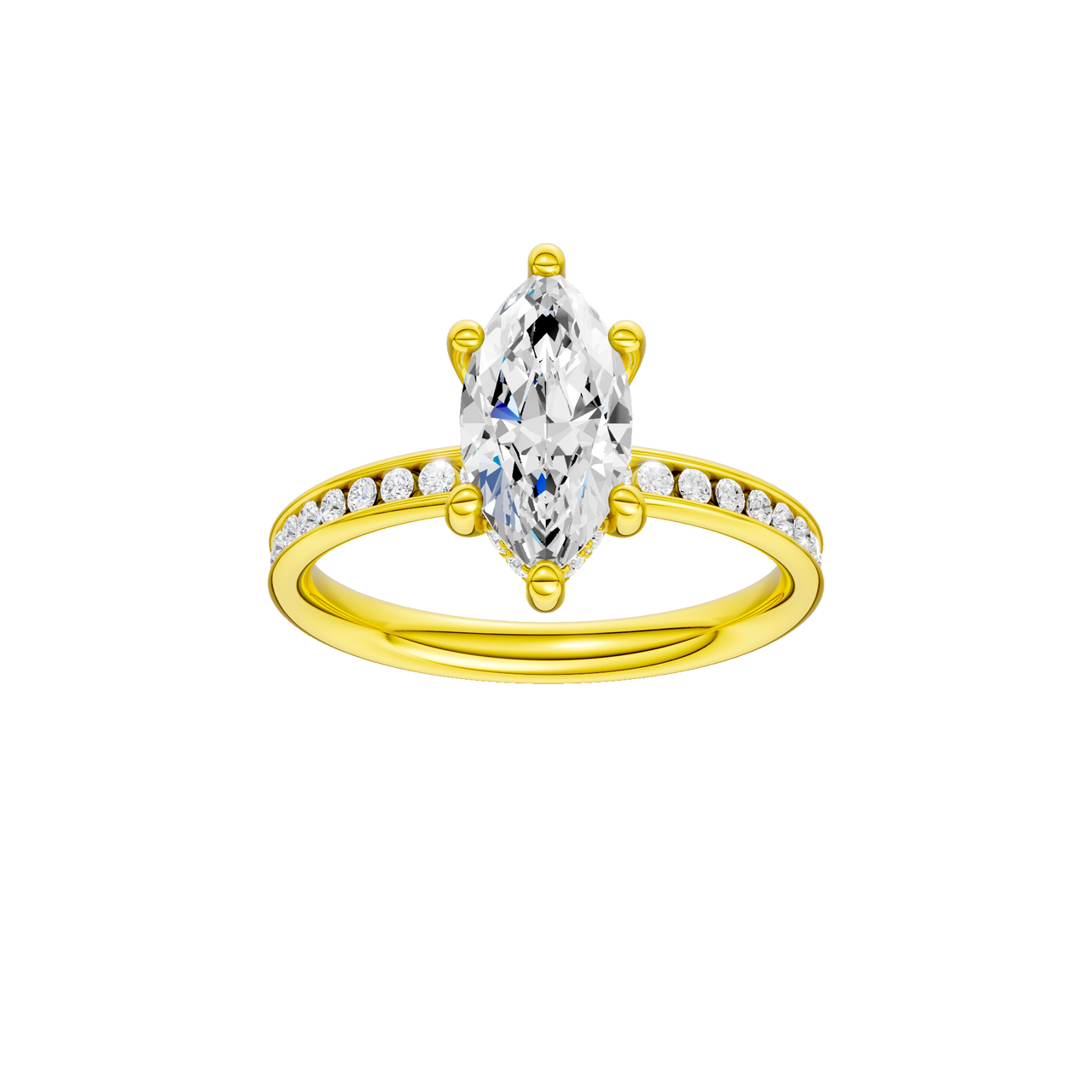 A front view of the Marquise cut diamond engagement ring in 14k yellow gold with a diamond channel band and cathedral setting