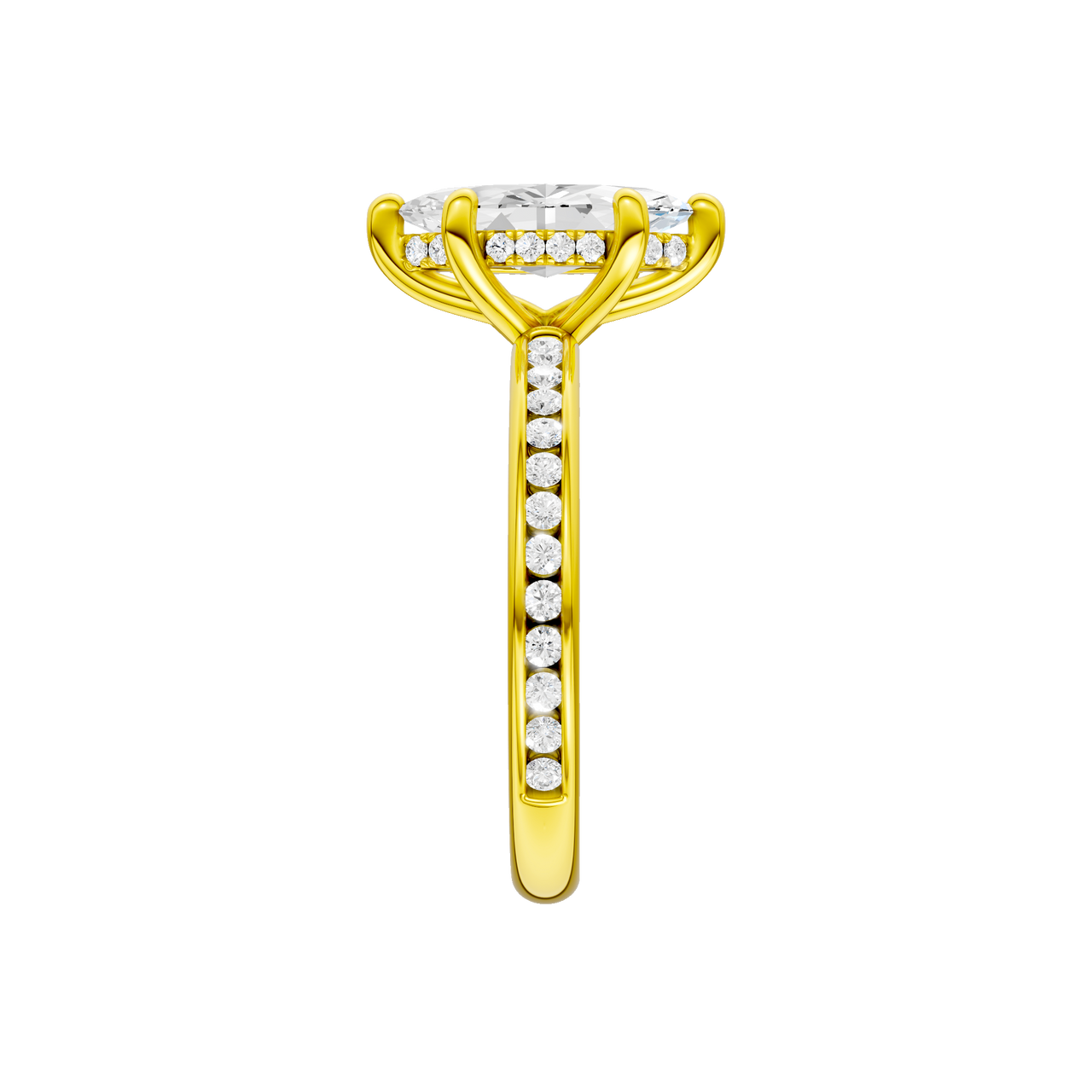 A side view of the Marquise cut diamond engagement ring in 14k yellow gold with a diamond channel band and cathedral setting