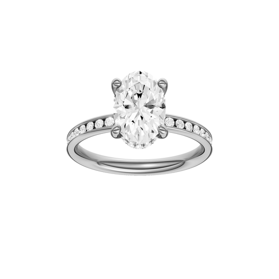A front view of the Oval cut diamond engagement ring in 14k white gold with a diamond channel band and cathedral setting