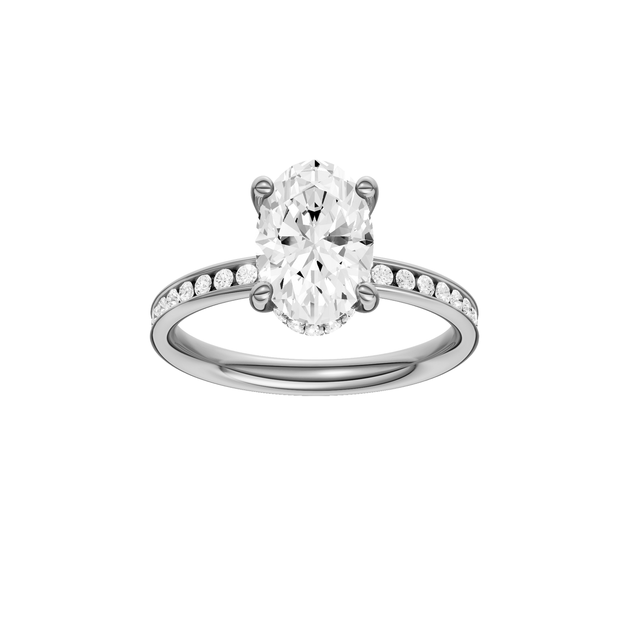 A front view of the Oval cut diamond engagement ring in 14k white gold with a diamond channel band and cathedral setting