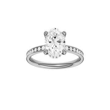 A front view of the Oval cut diamond engagement ring in 14k white gold with a diamond channel band and cathedral setting