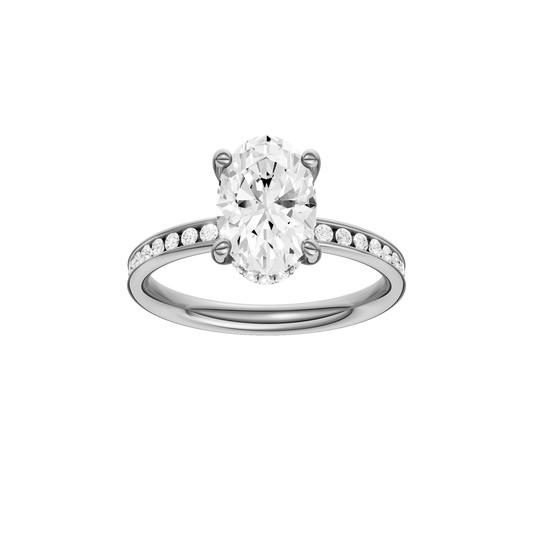 A front view of the Oval cut diamond engagement ring in 14k white gold with a diamond channel band and cathedral setting