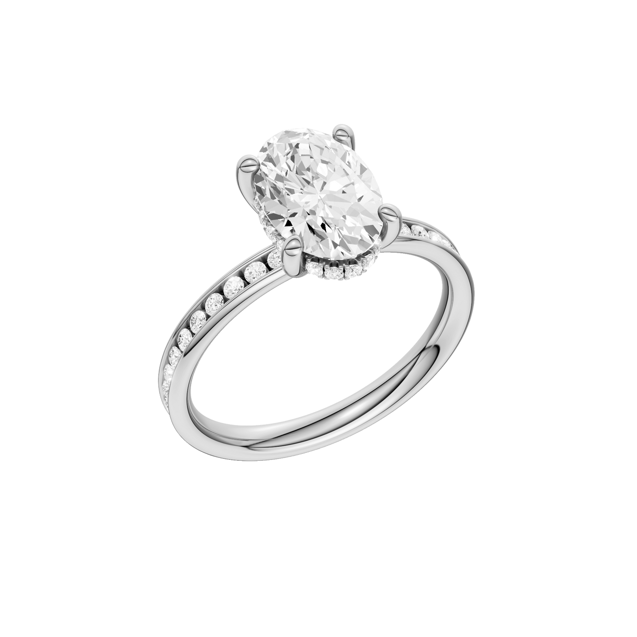 A three-quarter view of the Oval cut diamond engagement ring in 14k white gold with a diamond channel band and cathedral setting