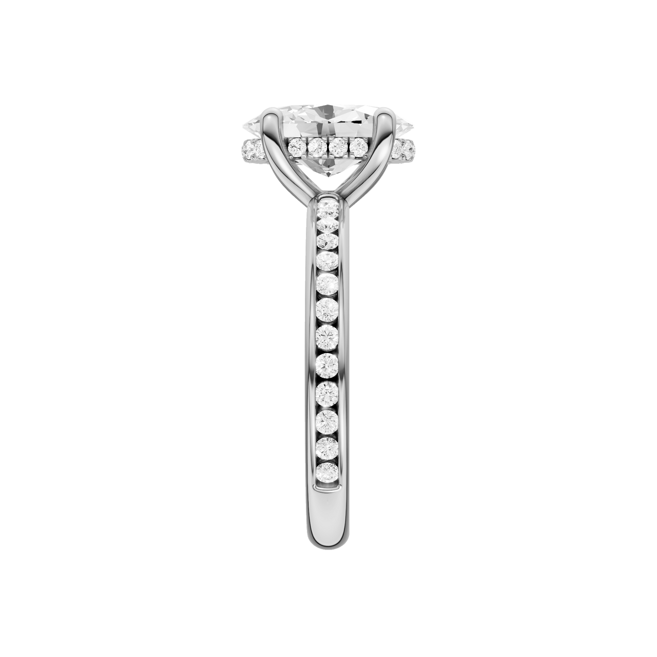 A side view of the Oval cut diamond engagement ring in platinum with a diamond channel band and cathedral setting