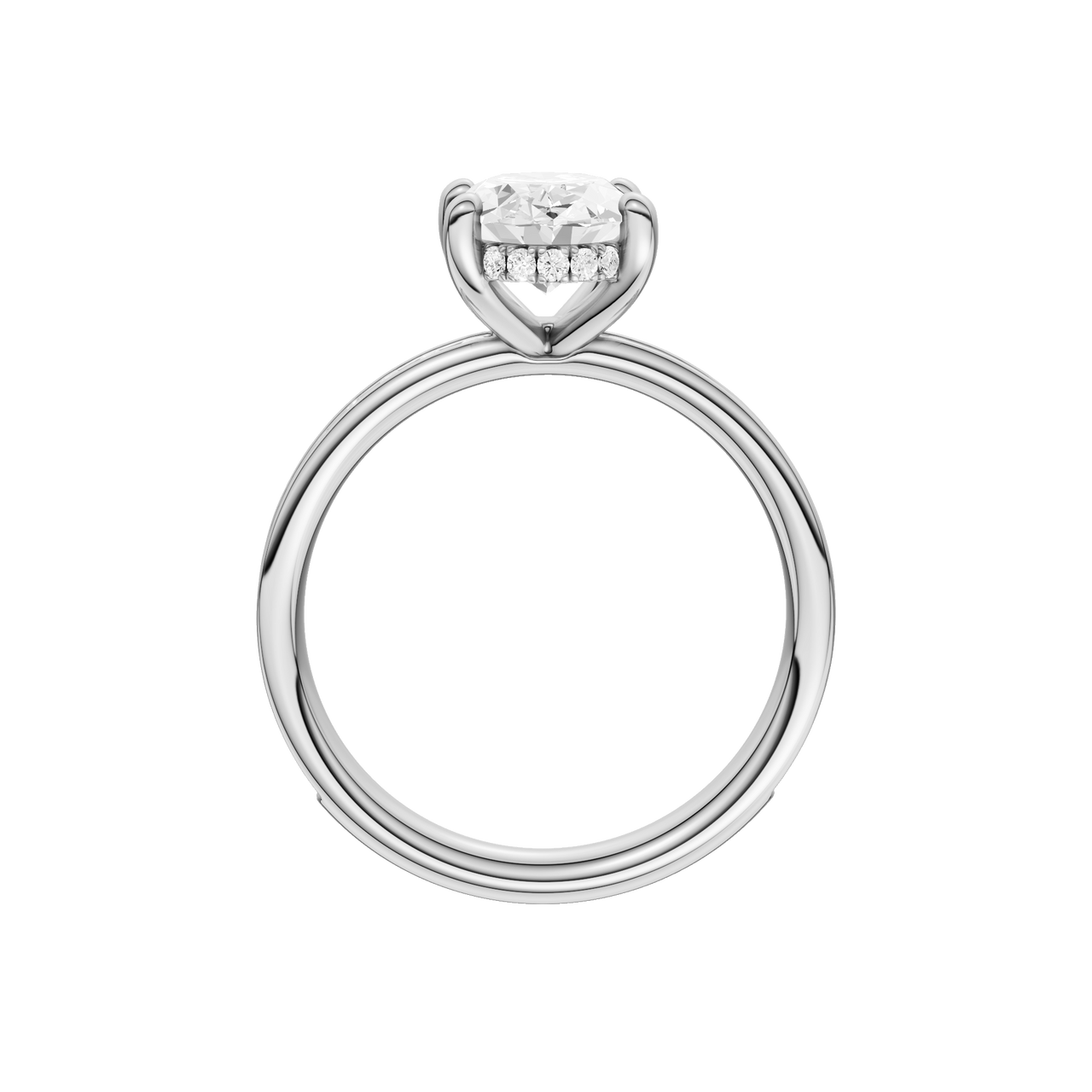 A profile view of the Oval cut diamond engagement ring in platinum with a diamond channel band and cathedral setting