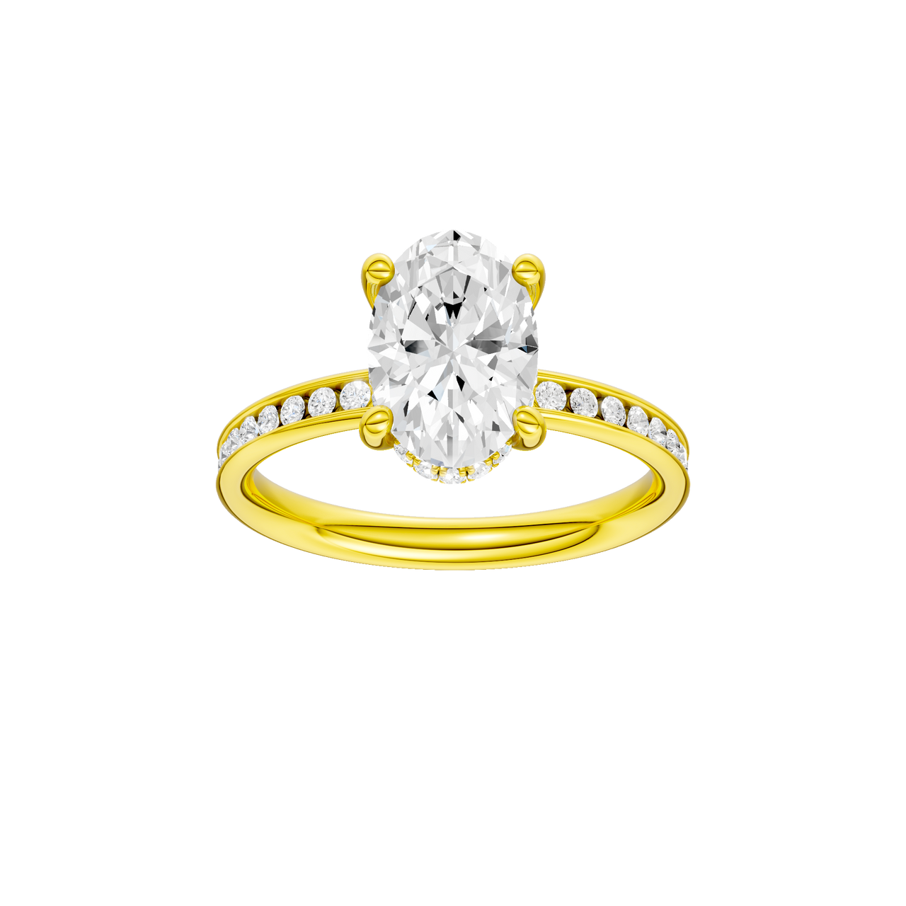 A front view of the Oval cut diamond engagement ring in 14k yellow gold with a diamond channel band and cathedral setting
