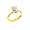 A three-quarter view of the Oval cut diamond engagement ring in 14k yellow gold with a diamond channel band and cathedral setting