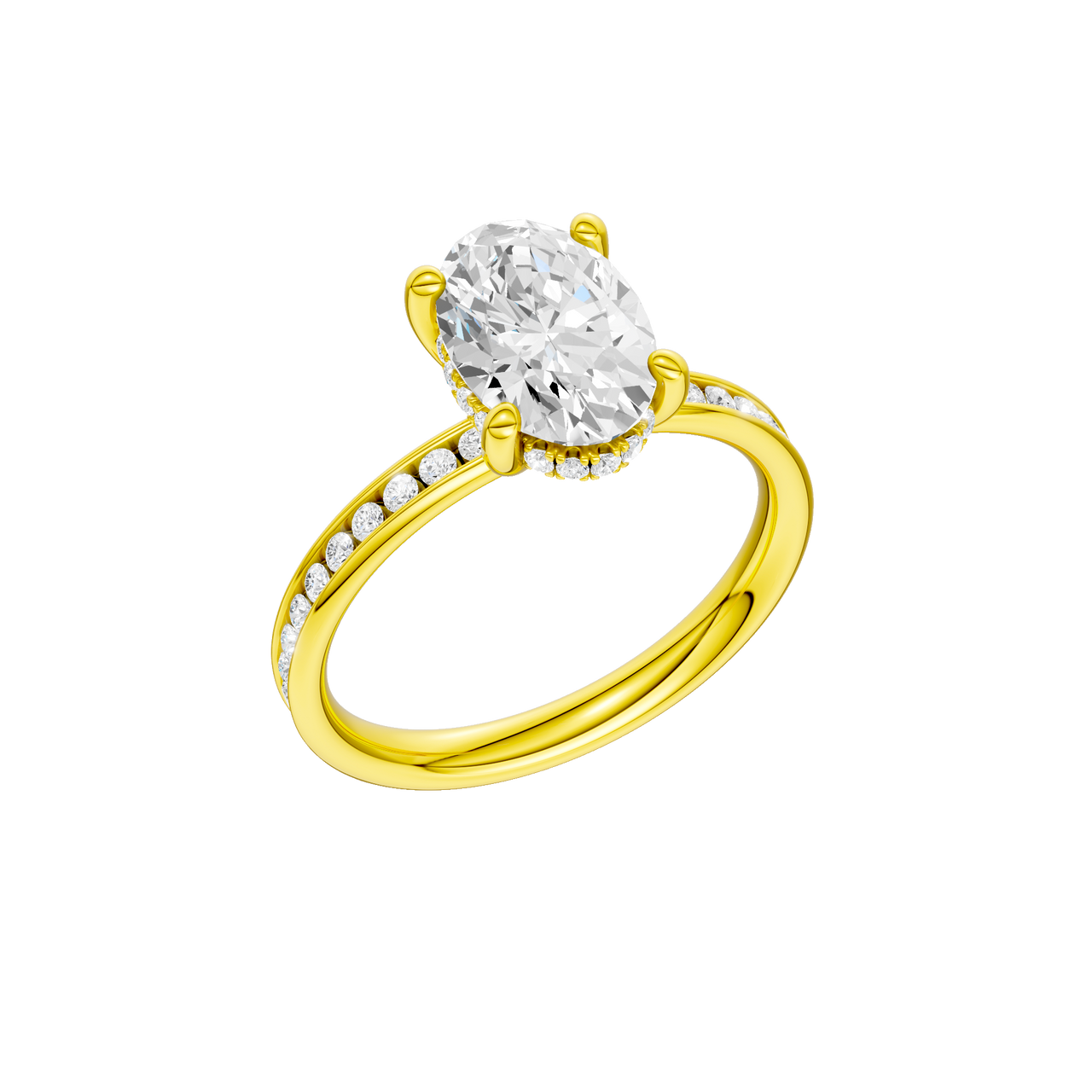 A three-quarter view of the Oval cut diamond engagement ring in 14k yellow gold with a diamond channel band and cathedral setting
